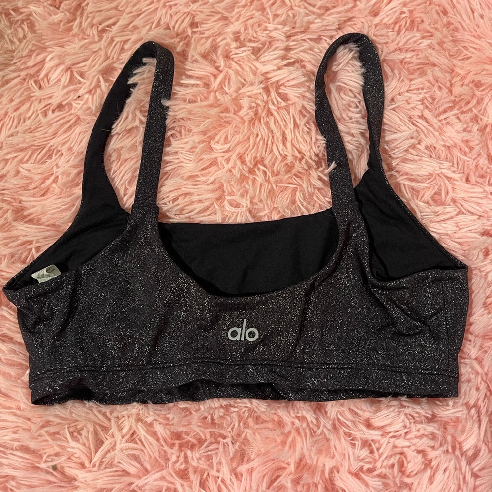 Alo Yoga Glitter Bra Black Silver Sparkle Sports Bra Women’s Small Athletic